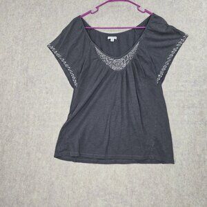 American Eagle Outfitters Womens Gray Embroidered Short Sleeve Top Size M Cotton